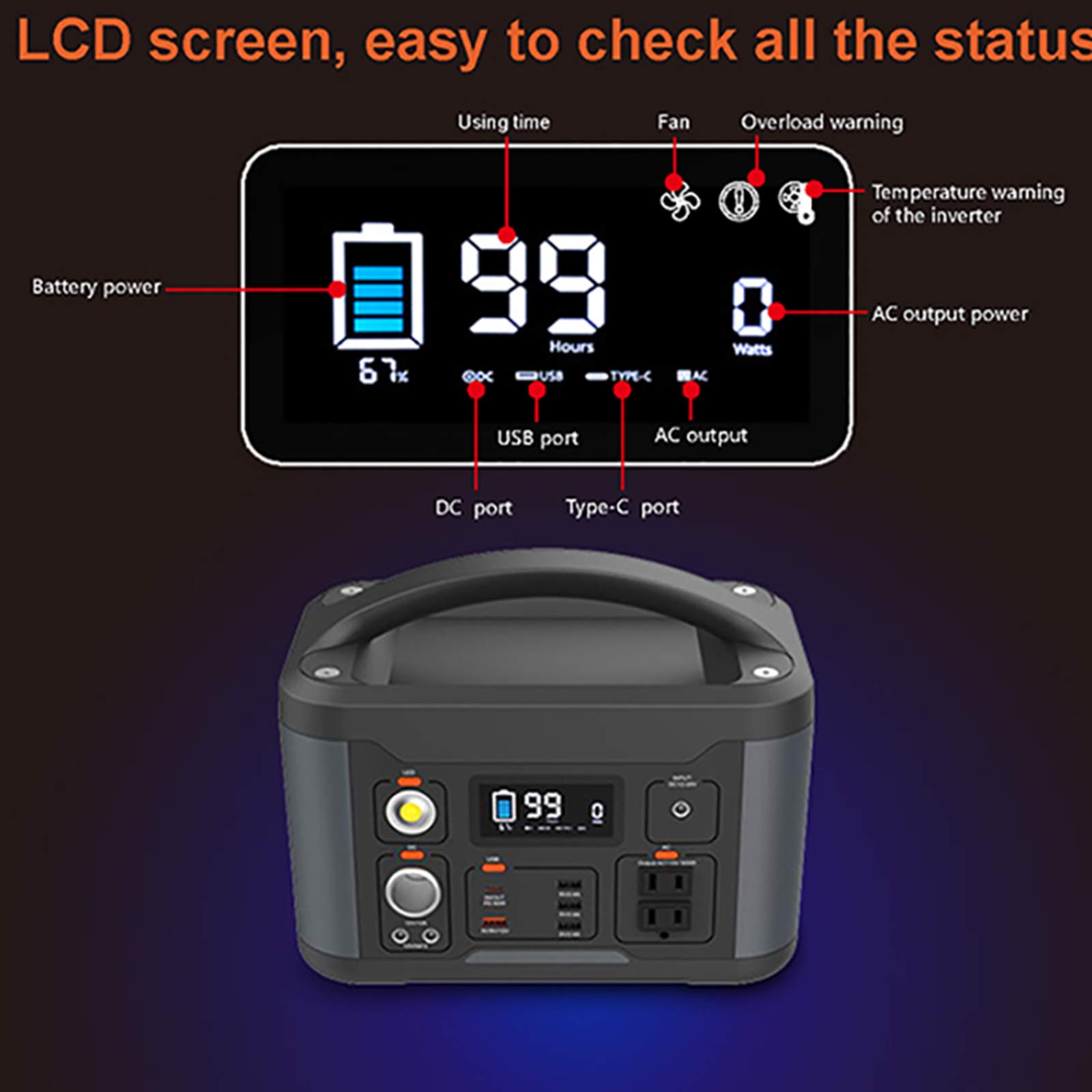 Central Eléctrica Portátil De 750W, 165000 Mah Supercapacidad Batería De Emergencia Cargador con Pantalla LED, Puerto CA CC Generador De Energía para Acampar, Viajes por Carretera