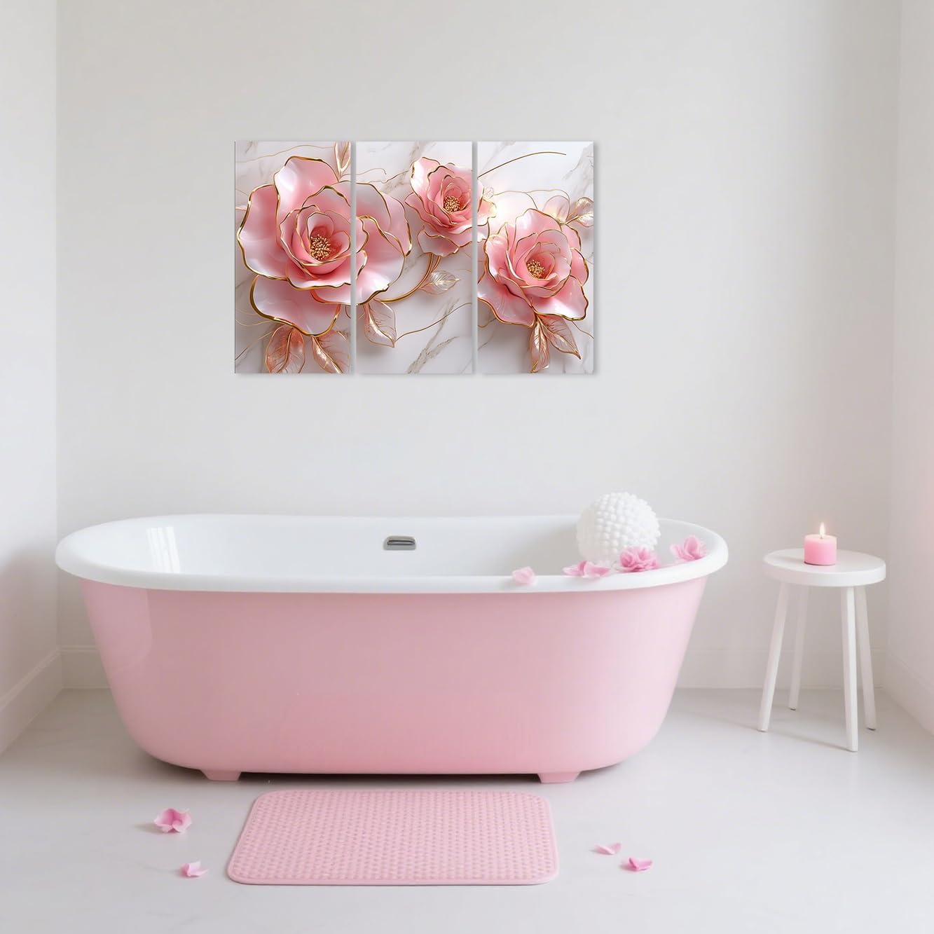 BJYCHG Pink Rose Canvas Wall Art Abstract Pink and Gold Wall Decor 3 Pieces Luxury Floral Painting Floral Marble Picture Prints for Bedroom Bathroom Decor Framed (Pinks, 16x8inchx3 Pieces)