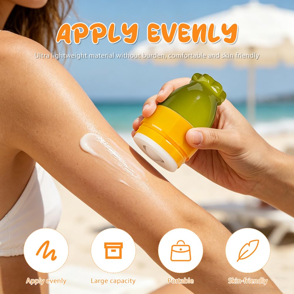 2 Pièces Applicateur de crème solaire, applicaterur creme solaire enfant 100ml, roll-on rechargeable et éponge, applicateur creme solaire portable avec crochet pour enfants, adultes et voyages