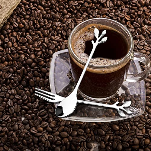12Pcs Stainless Steel Gold Leaf Coffee Spoon And Cake Fruit Forks Kitchen Accessory Wedding Party For Dessert, Salad, Appetizer, Spoon And Fork Set(6 Forks + 6 Spoons) (Silver) #TOP3