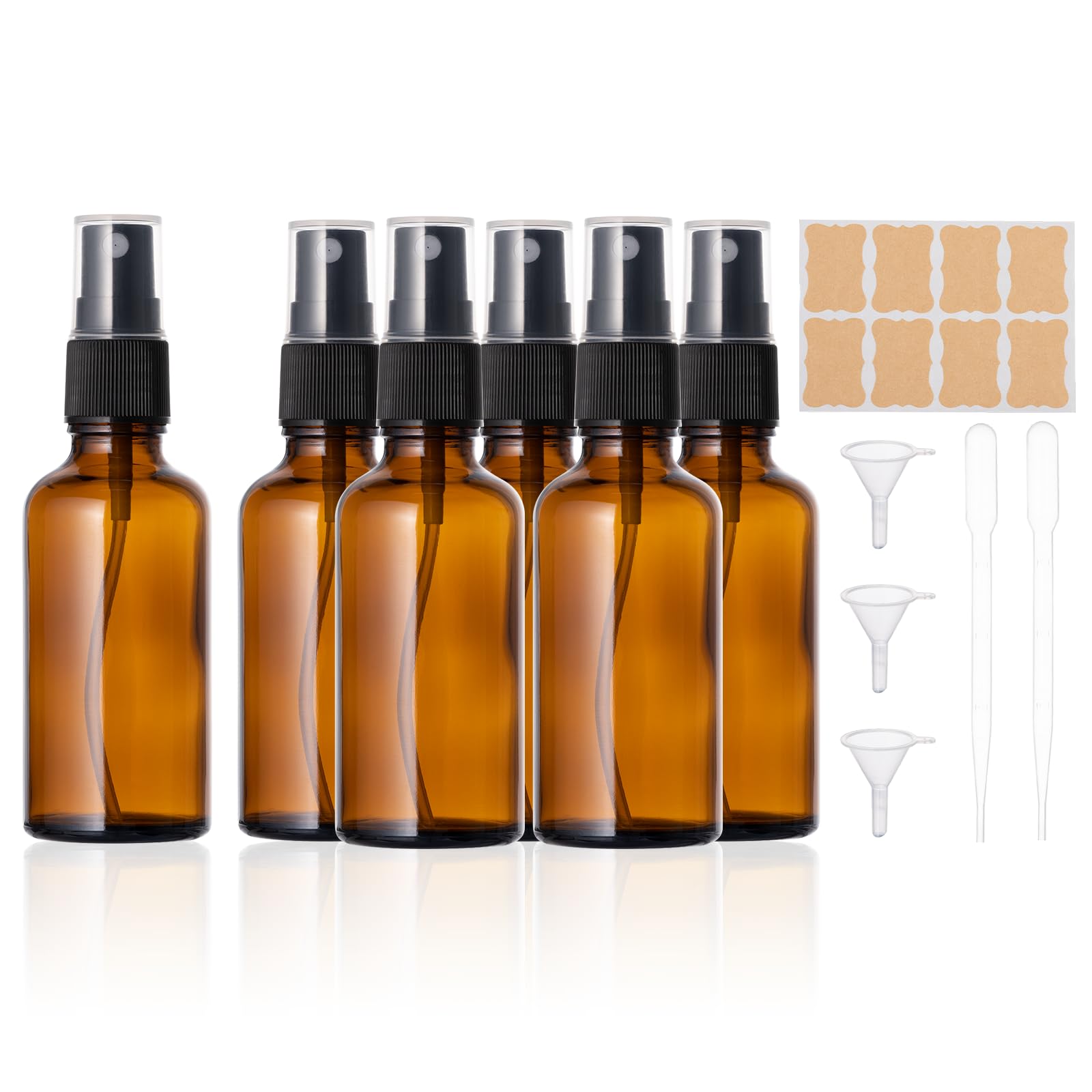 Kiperline Pack of 6 Empty Glass Spray Bottles, 50 ml Small Brown Glass Spray Bottles for Filling with Funnel, Pipettes and Labels for Essential Oils, Perfume