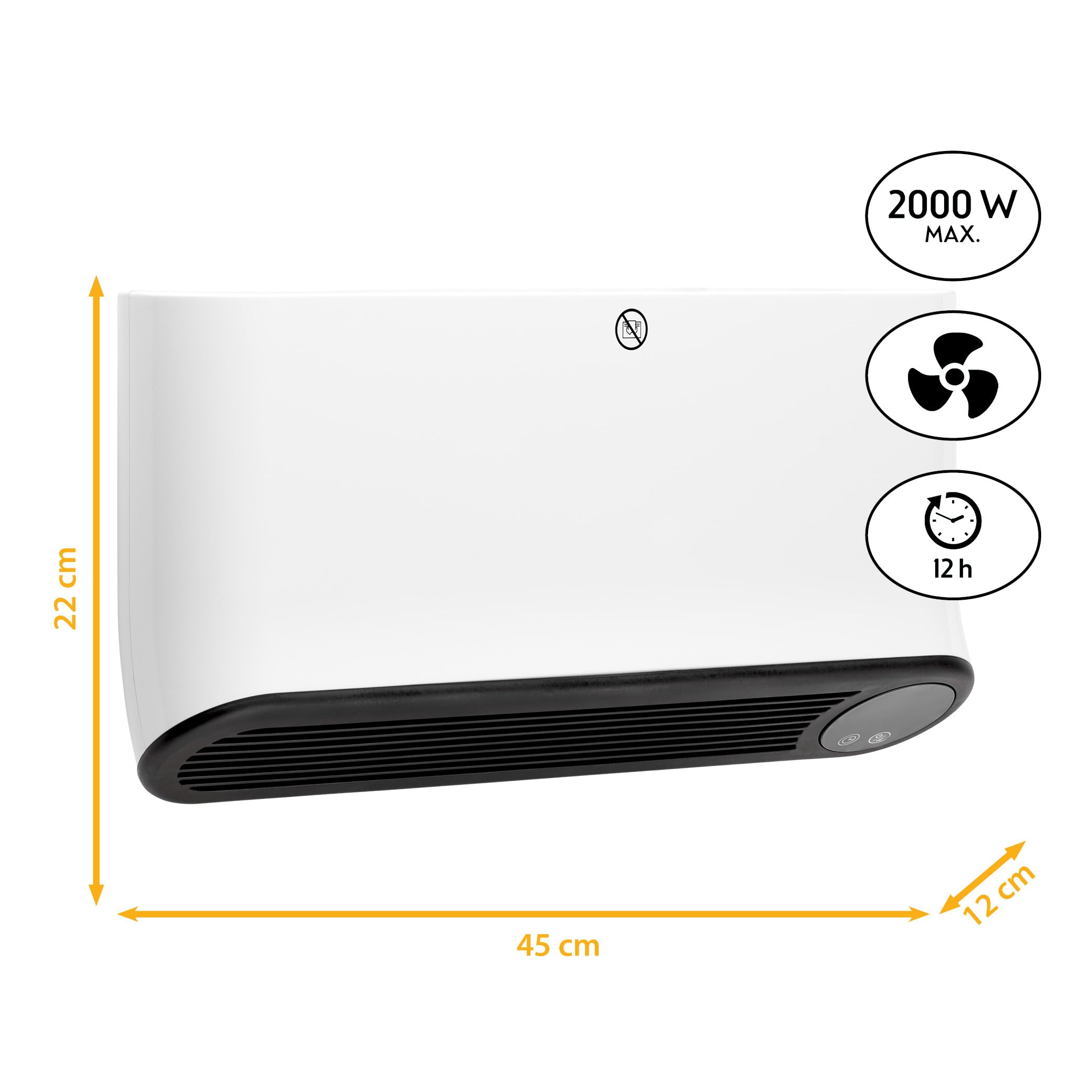 TZS First Austria termoventilatore da parete ceramico, 2000W, timer 12h, 2 livelli, montaggio a muro, termostato, protezione surriscaldamento, bianco/nero