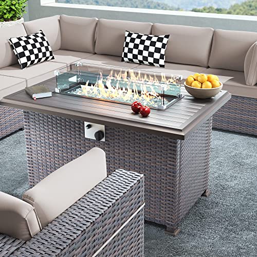 Gotland 8 Piece Outdoor Patio Furniture Set with Gas Fire Pit Table Patio Furniture Sectional Sofa w/43in Propane Fire Pit, 55,000 BTU Auto-Ignition Firepit w/Glass Wind Guard - Thumbnail 3
