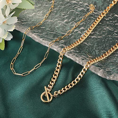 Mjartoria Layered Gold Necklace For Women, 14K Gold Plated Trendy Chunky Chain Necklace, Toggle Clasp Chain Paperclip Chain Adjustable Layering Chain Necklace For Women Girls Gold Jewelry Gifts #TOP4