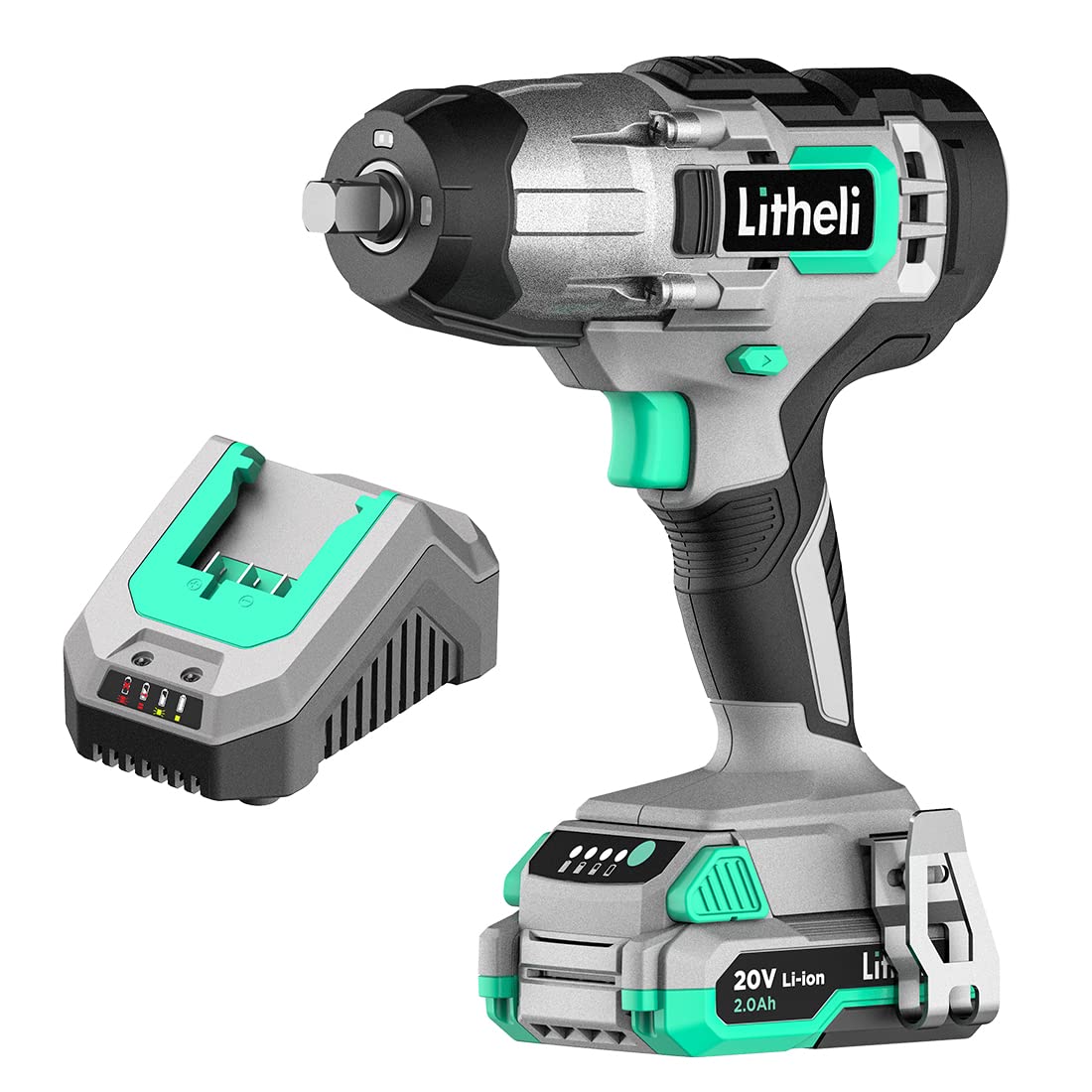 LiTHELi 20V Cordless Impact Wrench 1/2 inch with 2.0Ah Battery &amp; Fast Charger, Max 320 ft-lbs (433N.m) &amp; 3200 RPM, High Torque Impact Gun for Car Tires, Auto Repair, Home DIY &amp; Equipment Maintenance