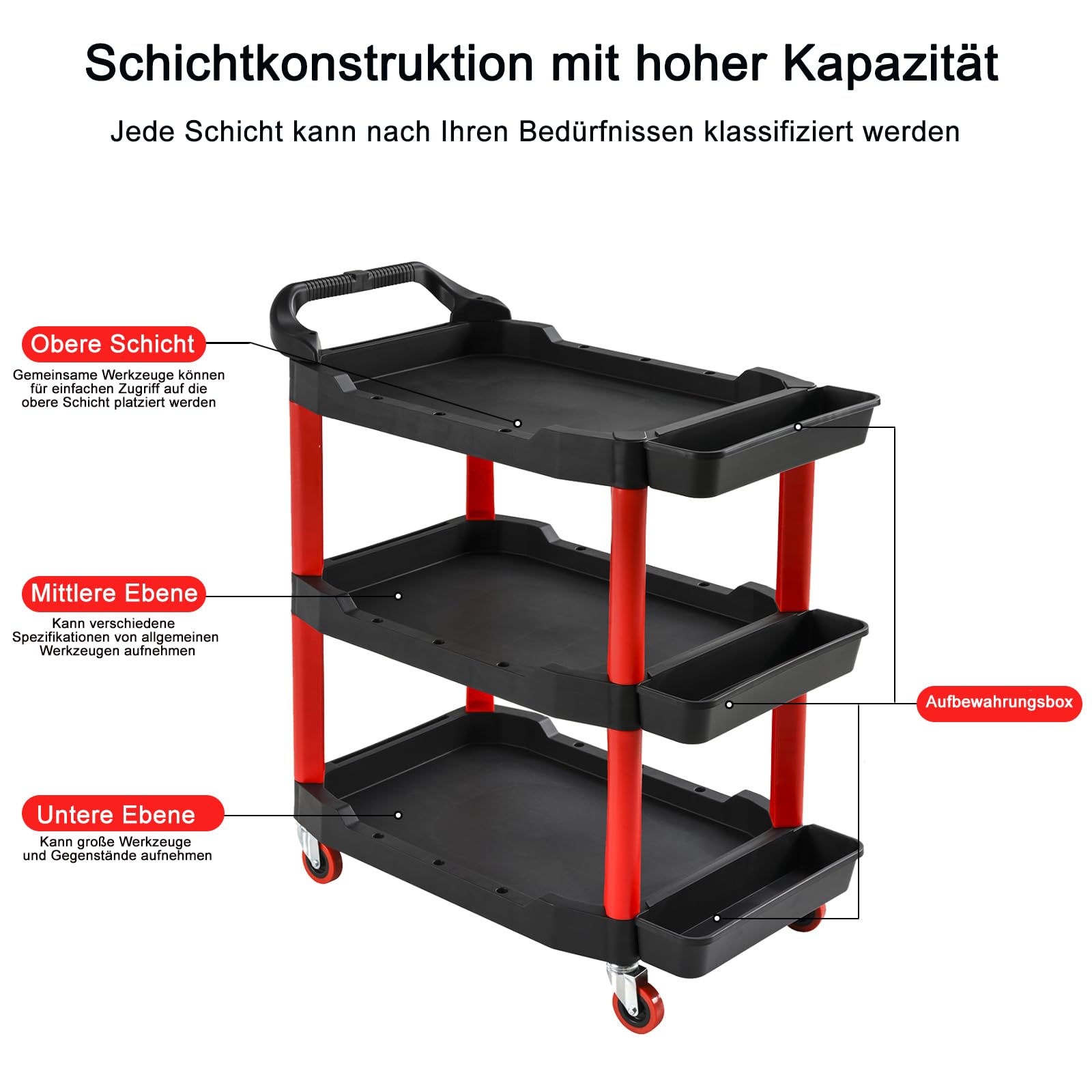 Wózek narzędziowy z kółkami, wózek warsztatowy, 3 poziomy, wózek montażowy, wózek warsztatowy, wózek ręczny, warsztat, do transportu i przechowywania, nośność 100 kg