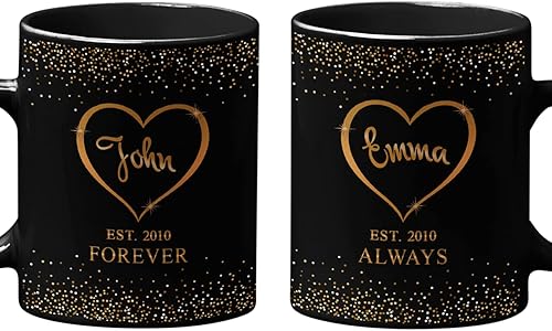 Tazas de café de cerámica personalizadas corazón dorado, nombre personalizado y est. para parejas, conjunto de dos, cumpleaños, aniversario, regalo
