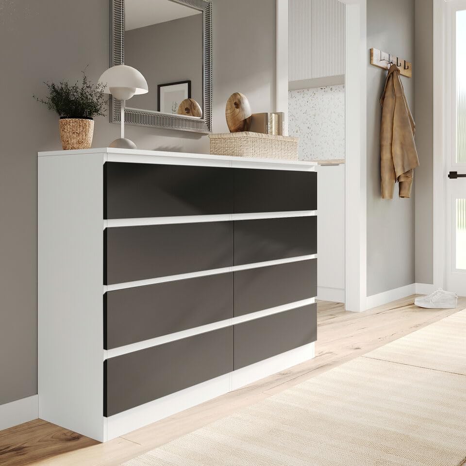 URBNLIVING Modern White Wooden Chest with Black 8 Drawers for Bedroom Office Storage Versatile Bedside Table and Stylish Cabinet for Organizing Clothes Accessories Work Place Supplies Personal Item