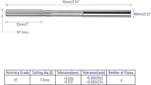 Vista 8 de Escariador de chucking de 0.67 pulgadas, H7 HSS cobalto M35 máquina escariadora métrica, 6 flautas rectas, herramienta de corte de fresado
