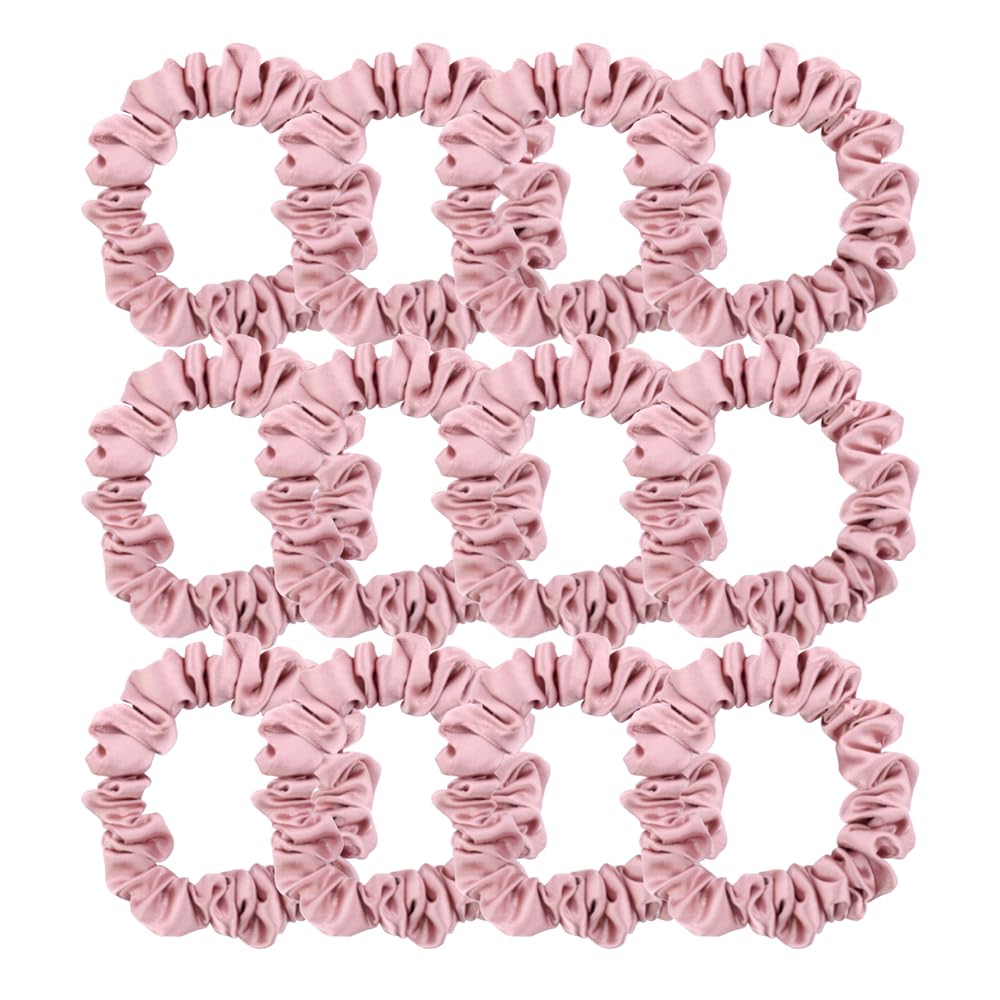 12 Pcs Skinny Satin Silk Scrunchies Hair Ties for Women Girls Bracelets Ponytail Holder Thin Hair Bands Elastic Ropes Hair Bun Accessories (Skinny 12Pcs-Blush)