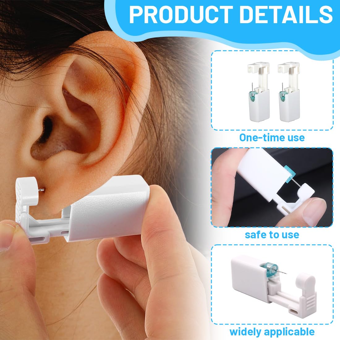 Pistolas para Piercing Oreja Desechables Kit Autoperforante Indolora Estéril con Aretes 4 Piezas