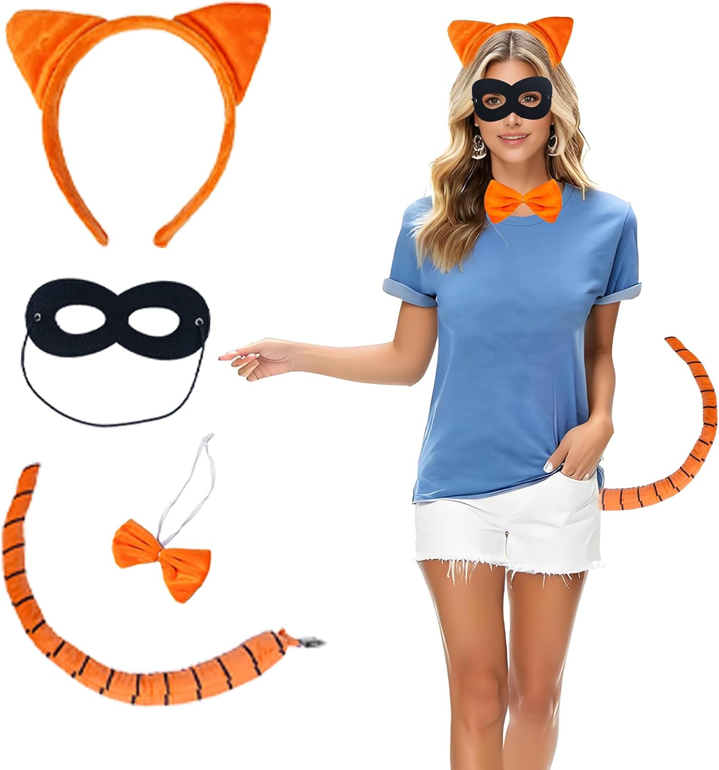 4Pcs Cat Costume Accessories Set, Orange Cat Ears Headband, Black Mask, Bow Tie and Striped Tail