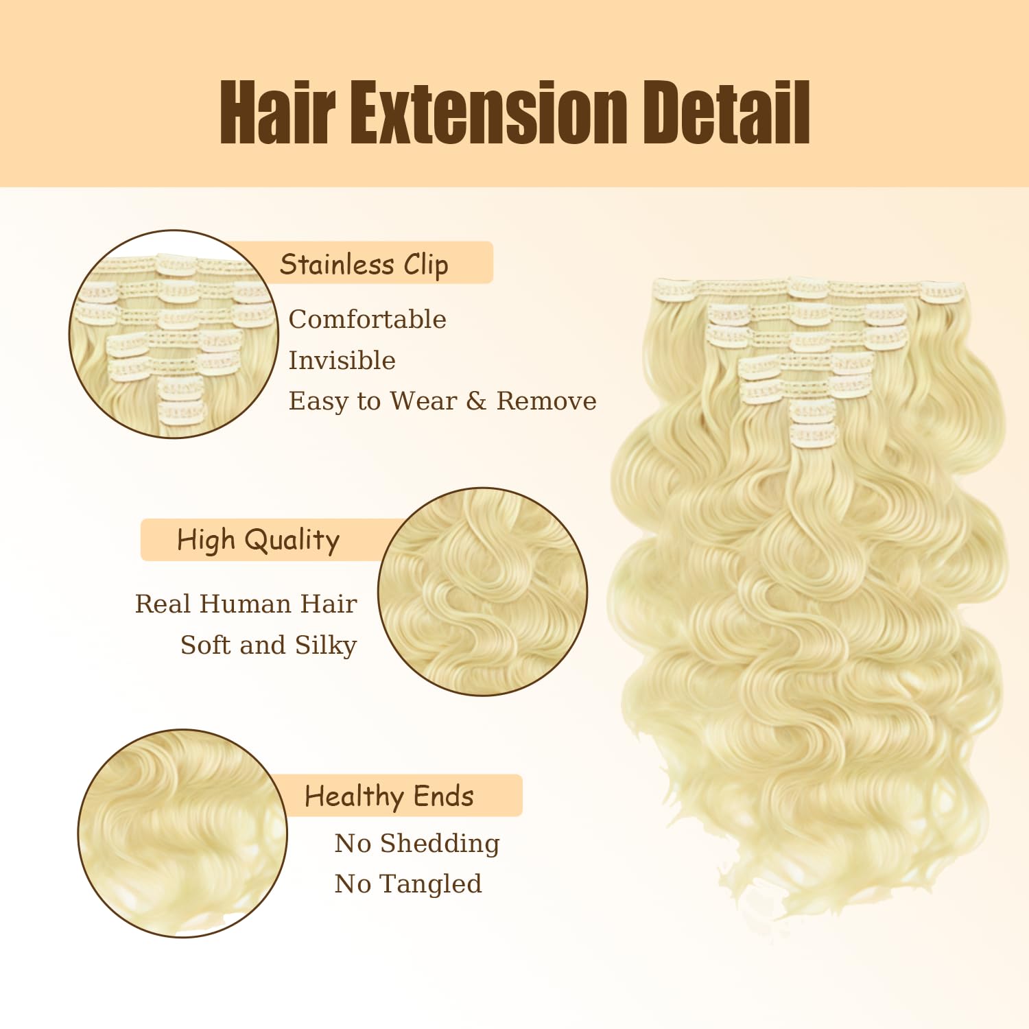 18 Inch #613 Blonde Clip in Hair Extensions,Soft Real Human Hair 120g 7pcs,Brazilian Remy Clip ins for Women,Honey Blonde Clip ins Silky Body Wave Hair Extensions