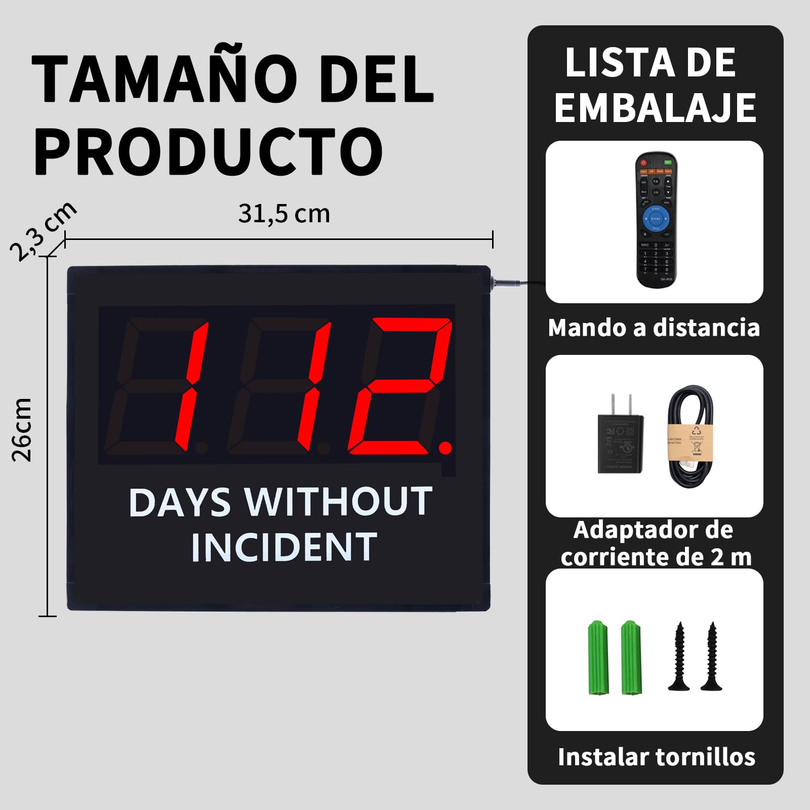 Marcador digital de seguridad (31,5 x 26 cm) – Días sin accidentes – Indicador electrónico de seguridad laboral para montaje en pared – Rastreador de estadísticas de accidentes para fábrica, oficina