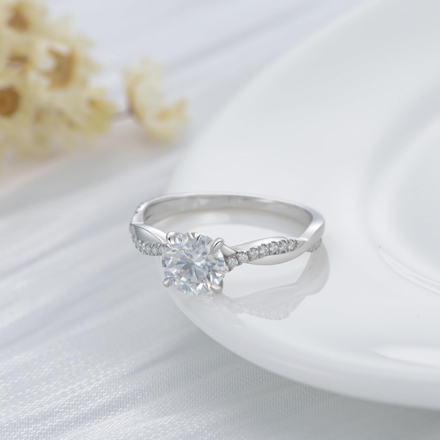 1.14 Carat (ctw) Round-Cut Moissanite Twisted Engagement Rings for Women, Customizable Sterling Silver, 10k gold, 14k gold, 18k gold