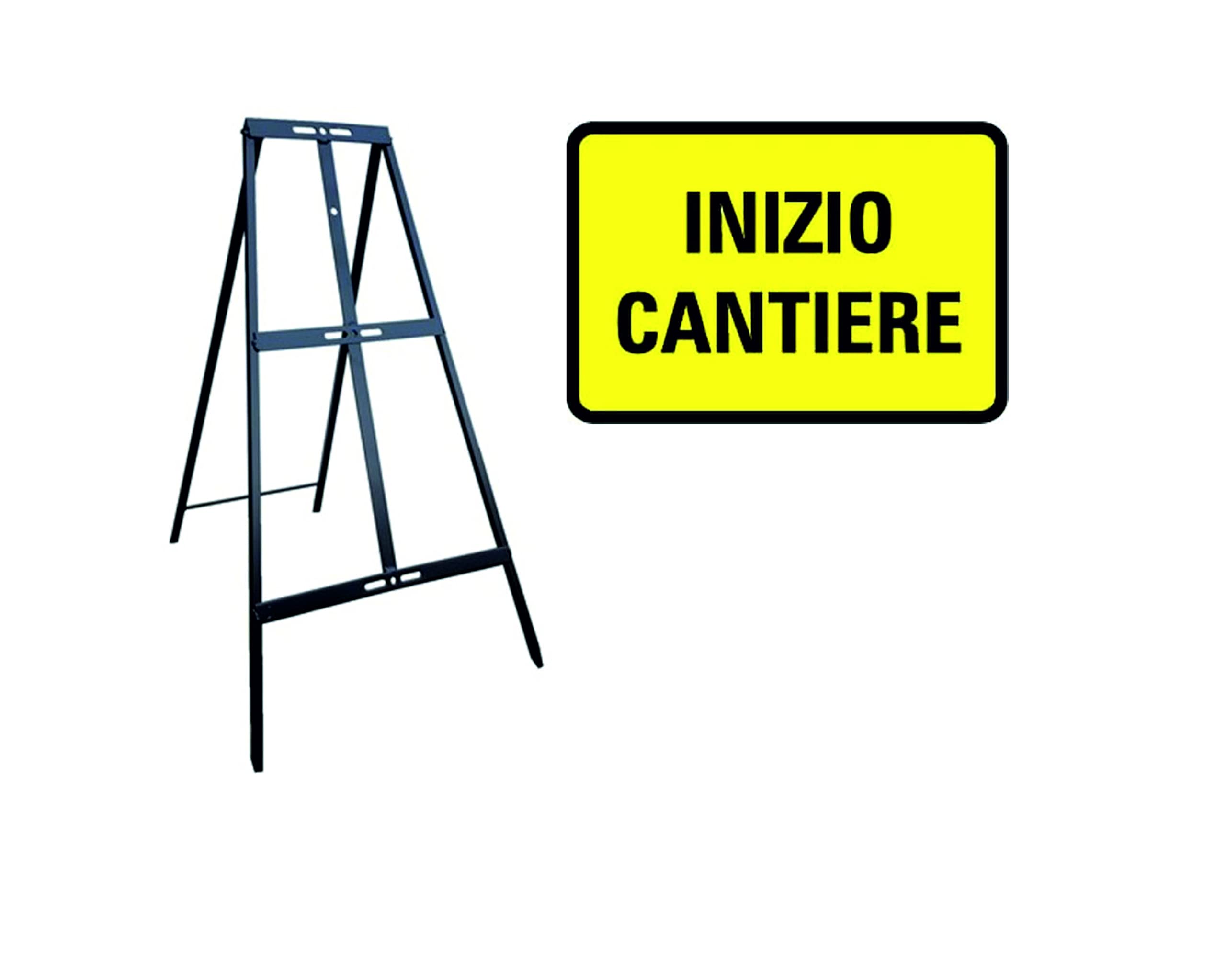 CARTELLO IN LAMIERA SCATOLATA RETTANGOLO 60X40 cm - INIZIO CANTIERE- SEGNALE CATARIFRAGENTE CON CAVALLETTO (CARTELLO)
