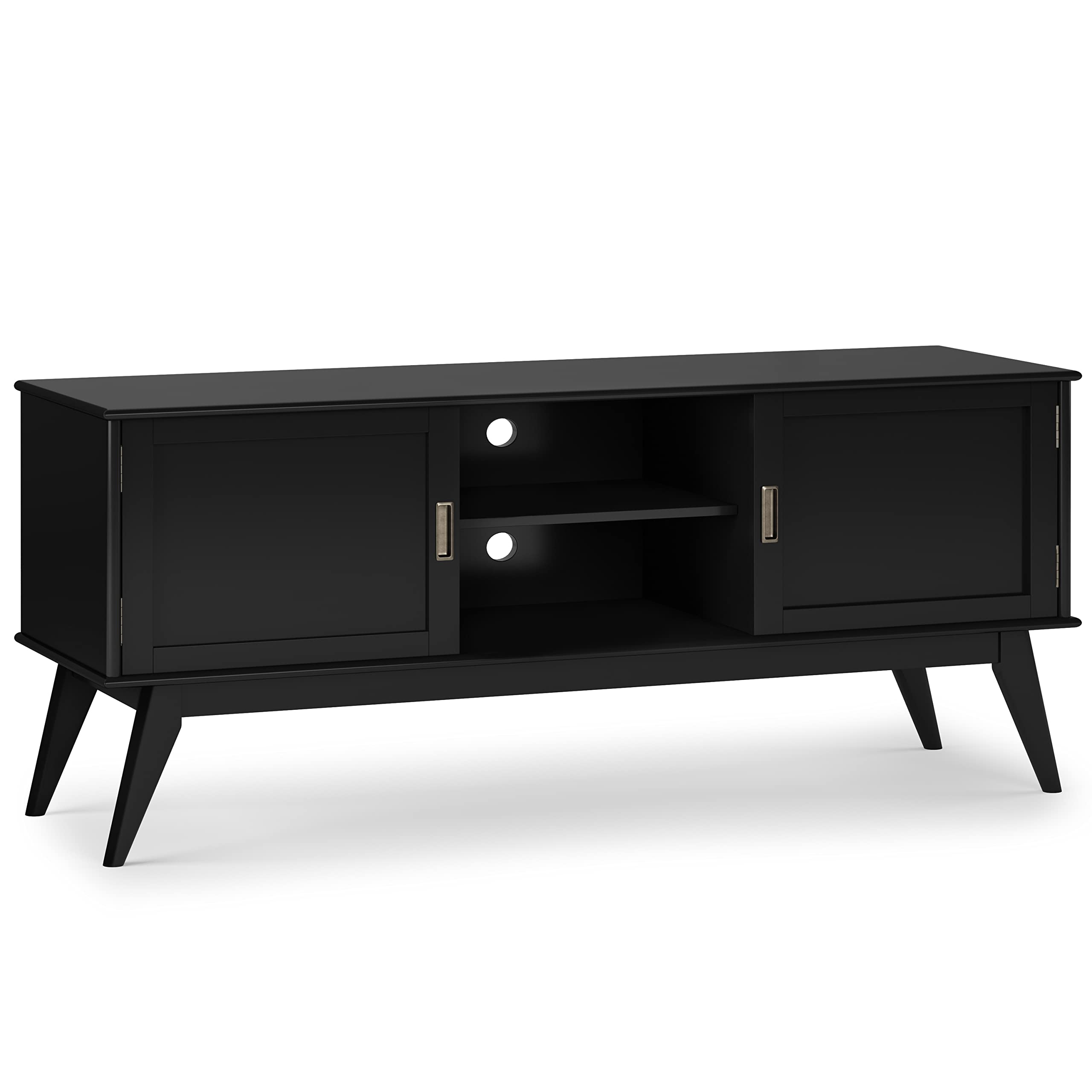 SIMPLIHOME Draper SOLID HARDWOOD 60 inch Wide Mid Century Modern TV Media Stand in Black For TVs up to 65 inches for the Living Room and Entertainment Center