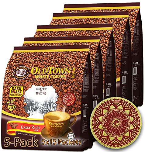 (5-Pack - Extra Rich) Old Town (3 In 1) Classic White Coffee Asian Instant Coffee Coffee Lover Package With A Eco Friendly Cork Coaster Coffee Lover Whalever Package, Oldtown White Coffee 75 Packets #TOP8
