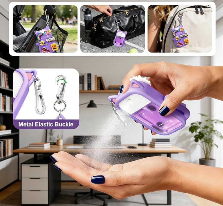 Portable Silicone Case Compatible with Touchland Hand Sanitizer 1 FL OZ / 30ML, Cute Cat-Shaped Case with 8 Charms and Keychain, Hand Sanitizer Spray Accessory, Gift for Women And Teens(Purple cat) - Image 5