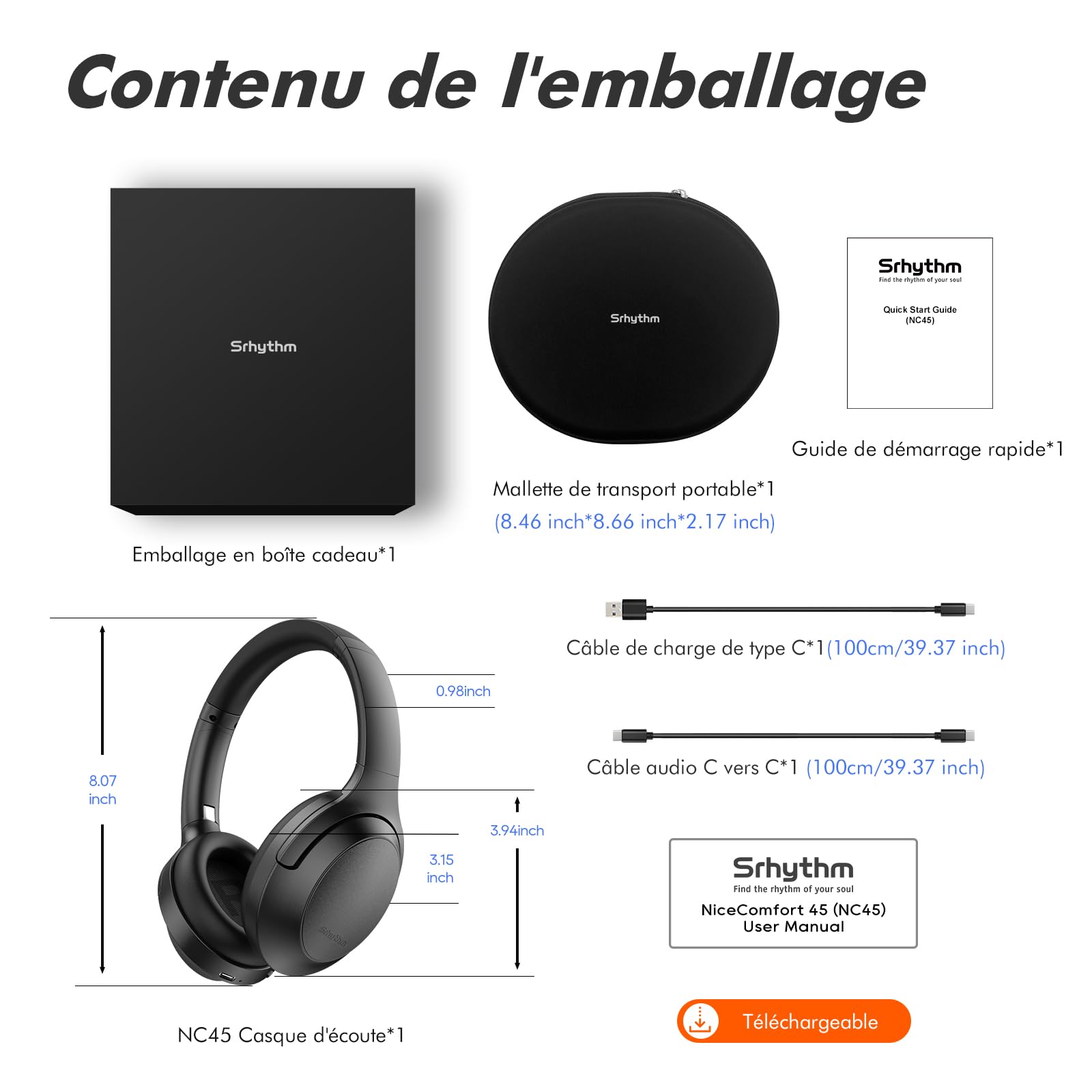 Srhythm NiceComfort 45 Active Noise Cancelling Headphone, Casque sans Fil Bluetooth avec Mode Transparence, 33 Heures d'autonomie