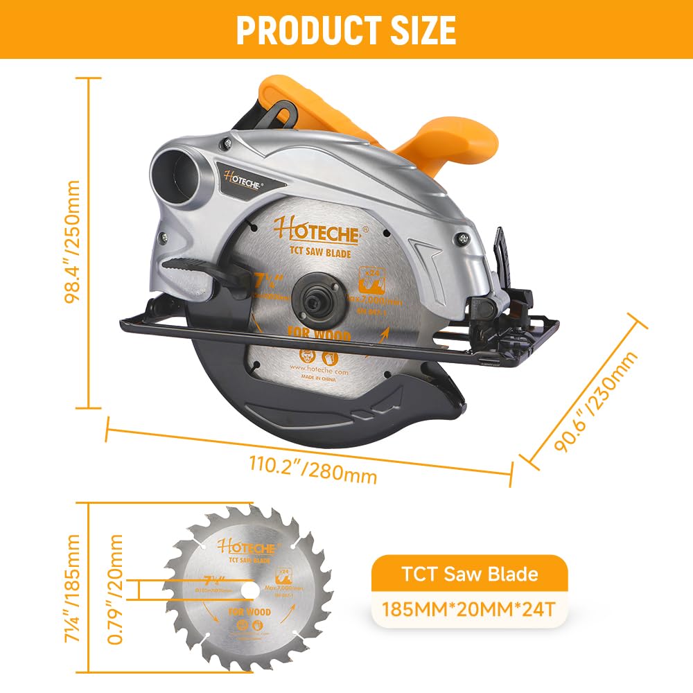 Hoteche Sierra circular manual de 1200 W 185 mm | Motor de cobre de 220-240 V, 50/60 Hz, 4700 rpm, incluye hoja de sierra TCT de 185 x 20 mm, ideal para cortes precisos