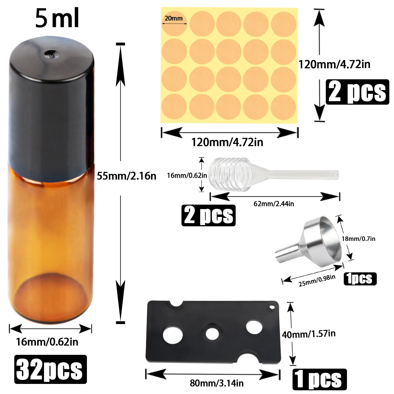 DKBT 32 puste butelki 5 ml rollon na olejki eteryczne, brązowe, na olejki eteryczne, wałek ze stali nierdzewnej, olejki eteryczne, balsamy, perfumy, masaż, 32 szt
