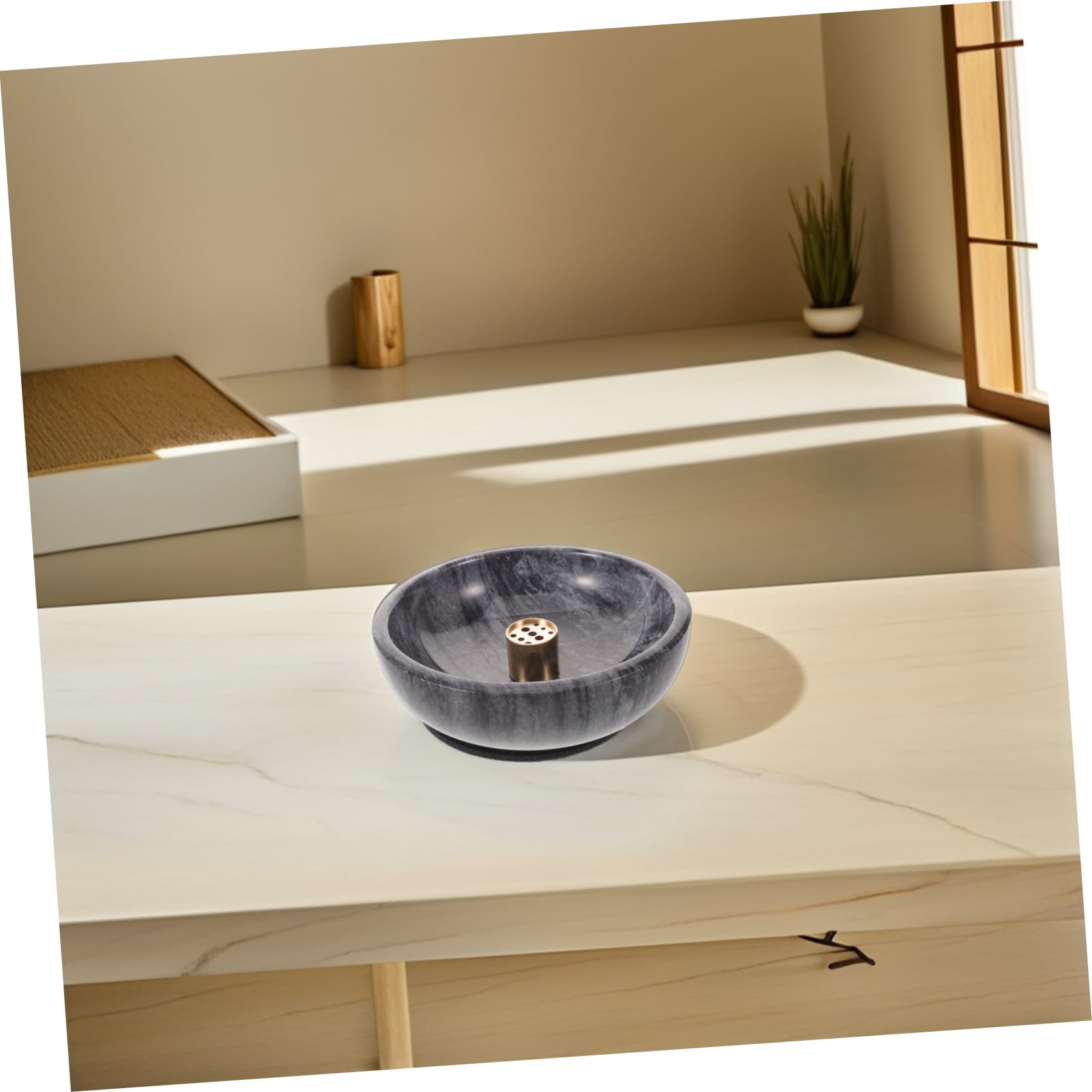 Soporte para Varitas de Incienso de Bronce Diseño Invertido | Bandeja de Mármol, 9 Orificios, Acabado Negro, Apto para Palo Santo y Salvia, Decoración Aromática para Yoga