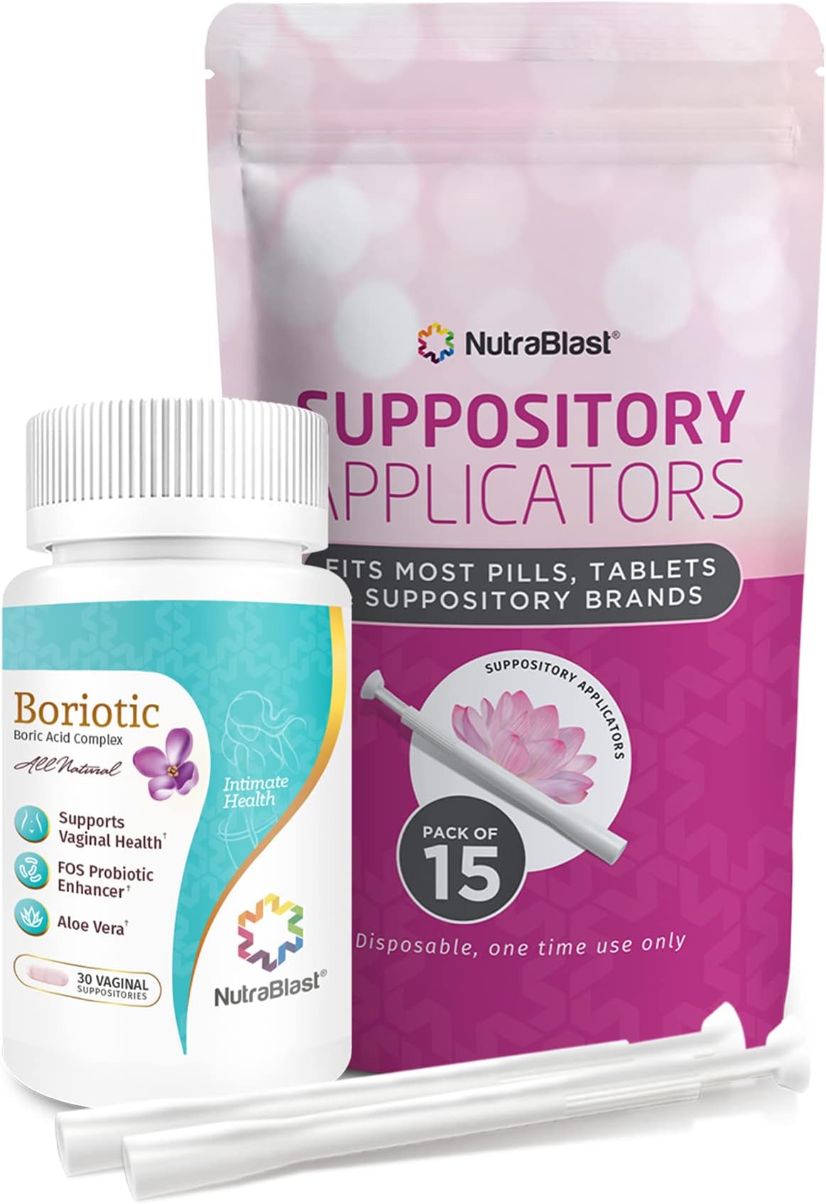 NutraBlast Boric Acid Suppositories 800mg Complex w/FOS Probiotic Enhancer & Aloe Vera w/l Applicator, 30 Suppositories & 15 Applicators - pH Balance for Women, Feminine Care - Made in USA