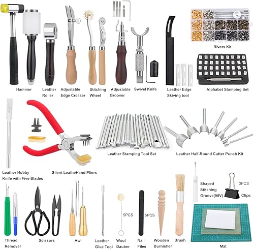 Miniatura 8 de Kit de cuero de 183 piezas kit de herramientas de trabajo de artesanía de cuero con juego de herramientas de fabricación de sillones kit de remaches