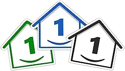 3 x Bin Numbers for Wheelie Bins, 1-99, 15cm ‘Happy House’ Colour Design Dustbin Stickers, Easy Application Stick On Number Stickers - Weatherproof Self Adhesive Vinyl – Blue, Black and Green (1)