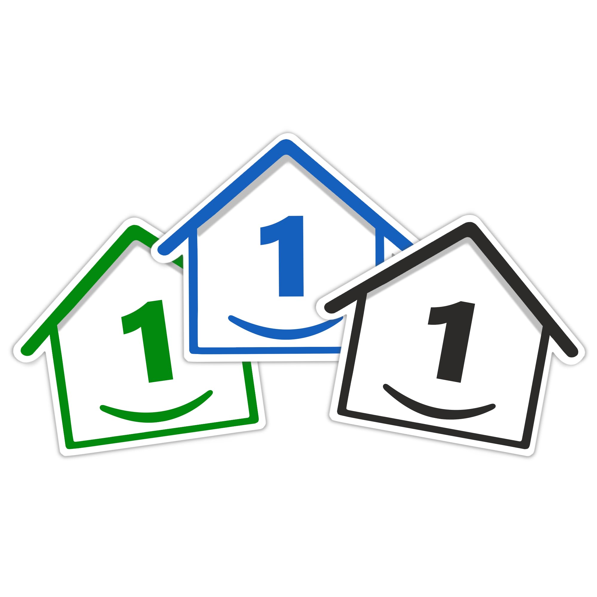 3 x Bin Numbers for Wheelie Bins, 1-99, 15cm ‘Happy House’ Colour Design Dustbin Stickers, Easy Application Stick On Number Stickers - Weatherproof Self Adhesive Vinyl – Blue, Black and Green (1)