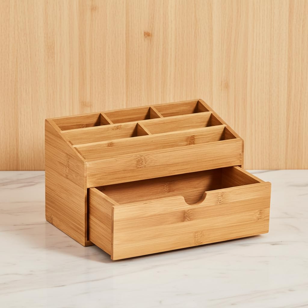hausleben Organisateur de Bureau en Bambou avec Tiroir | Porte-Stylos et Organiseur de Bureau à 6 Compartiments, Rangement de Bureau pour Bureau & Télétravail, 24,5 x 13 x 15 cm