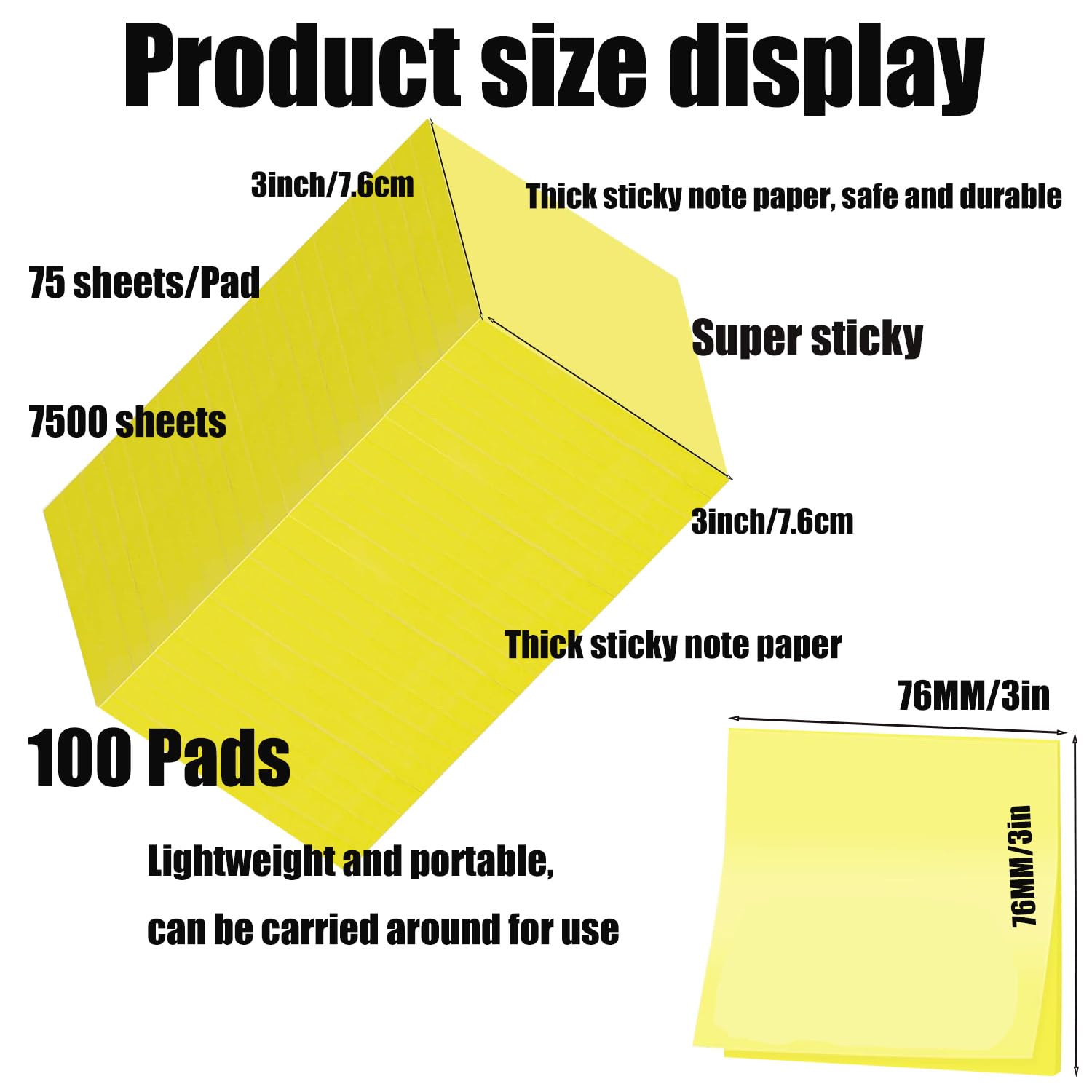 7500 Blatt Super Sticky Notes, Packung mit 100 Blöcken, 75 Blatt pro Block, 76x76 mm,Gelb Haftnotizen-Extra-stark klebende Notizzettel für Notizen,To-Do-Listen und Erinnerungen,Büro, Schule,Familie