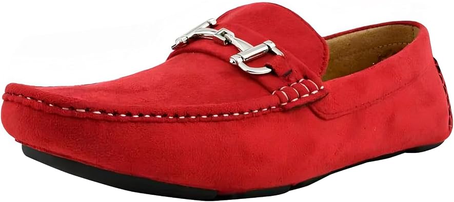 Amali Walken Mens Casual Slip-On Loafers, Driving Moccasin Shoes for Men with Silver Buckle, Available in Plush Microfiber and PU Leather Red/12