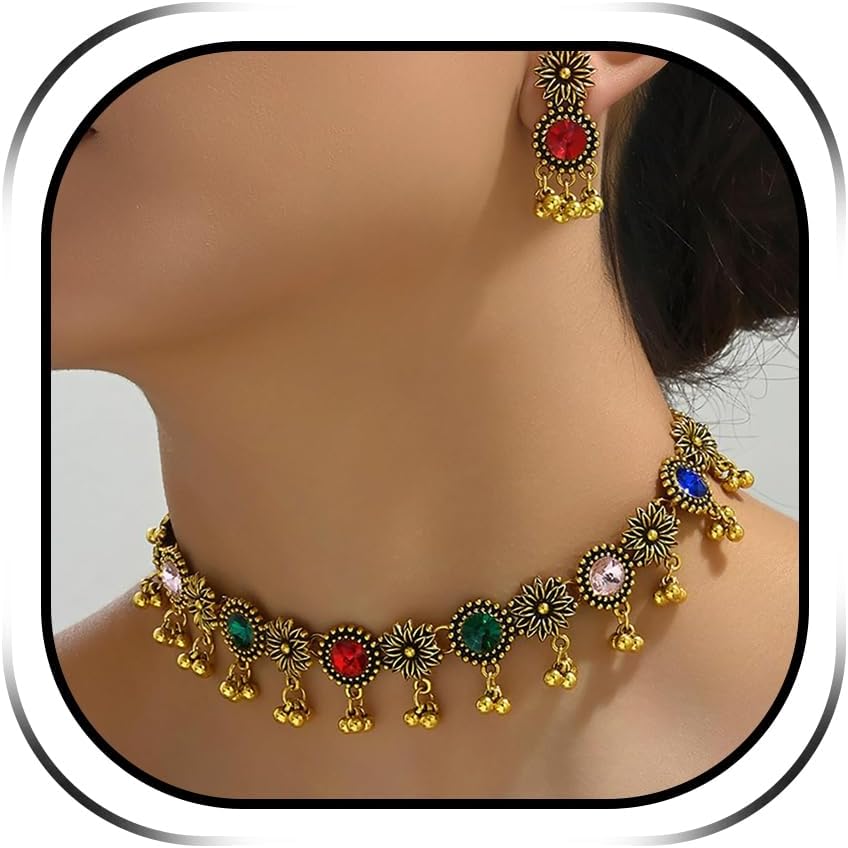 Indian Jewelry Sets for Women Bollywood Wedding Jewelry Necklace Set Choker Necklace with Maang Tikka Earrings Set Womens Gifts for Christmas