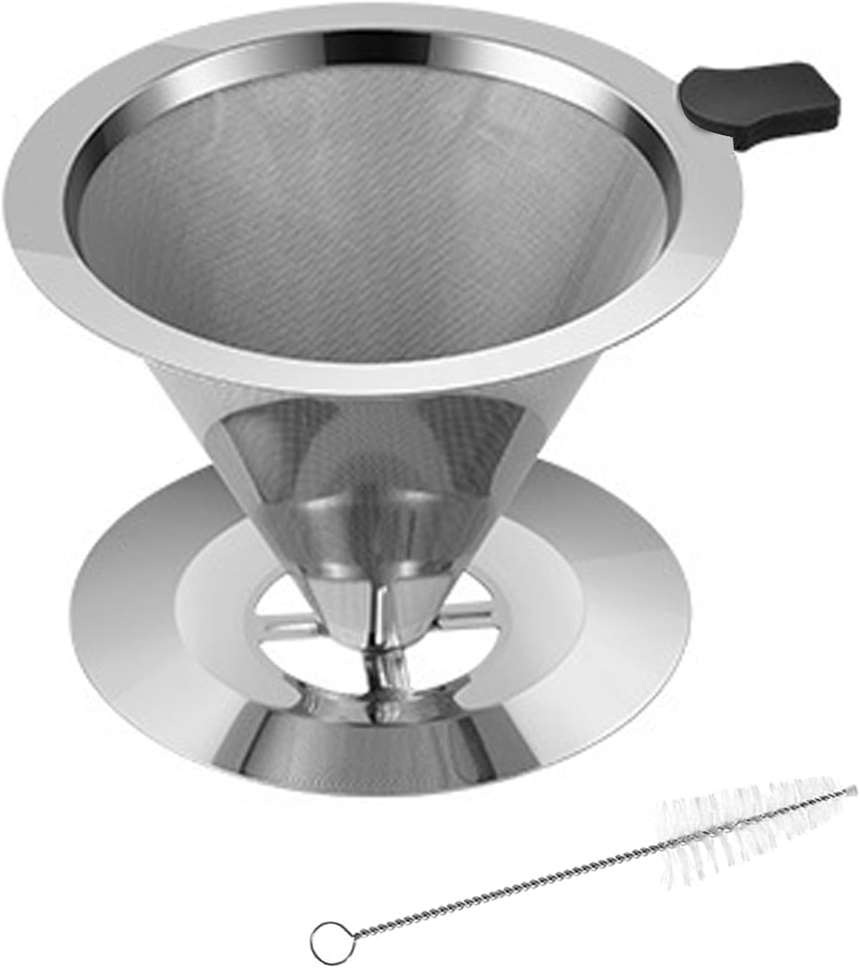 Stainless Steel Coffee Filter Pour Over Coffee Dripper Reusable Coffee Filter Cup Paperless Double Fine Mesh Coffee Filter with Holders and Cleaning Brush for Manual Coffee Maker 1-4 Cups