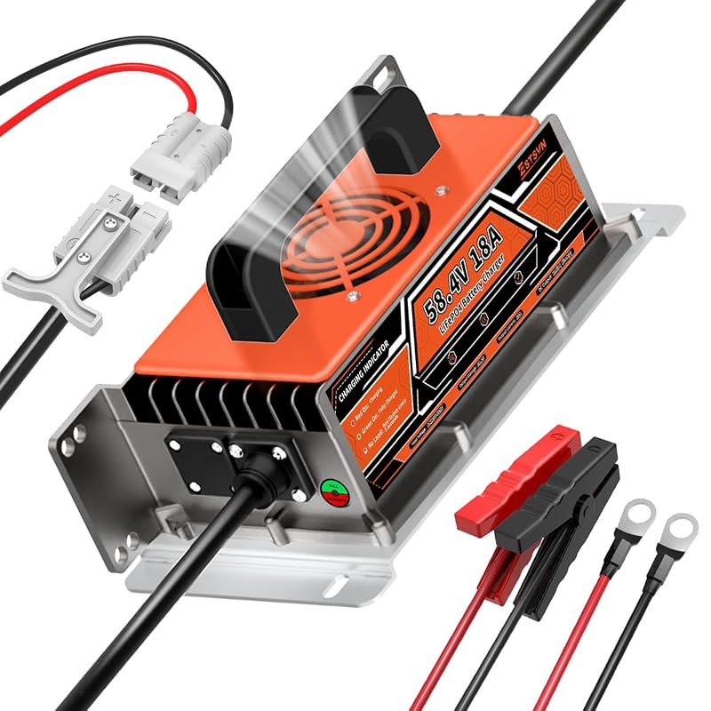 Carregador de Bateria LiFePO4 48 V 18 A, Saída 58,4 V com Conectores Anderson, M8 e Presilhas ESTSVN