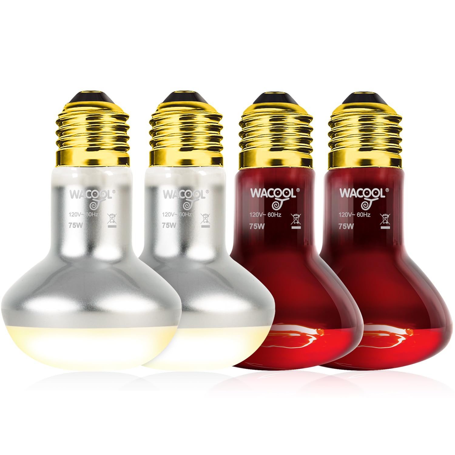 WACOOL 4Pack Reptile Heat Lamp Day & Night Kit 75W, Nature Simulated Basking Daylight & Nightlight UVA Heat Lamp Bulbs for Reptiles & Amphibians