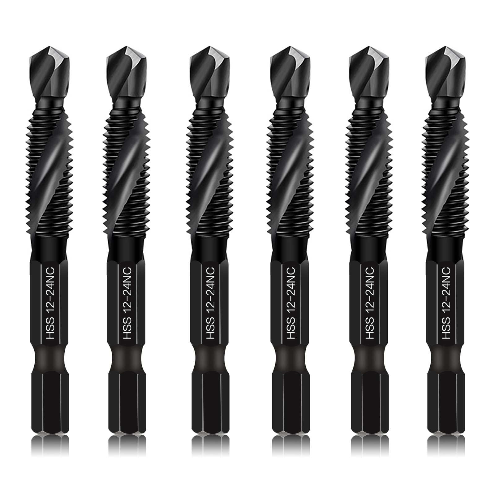 6-Piece 12-24NC Combination Drill Tap Countersink Bit Set SAE, Made of High-Speed Steel with Anti-Rust Blackened Coating, Ideal for Soft Metal, Wood &