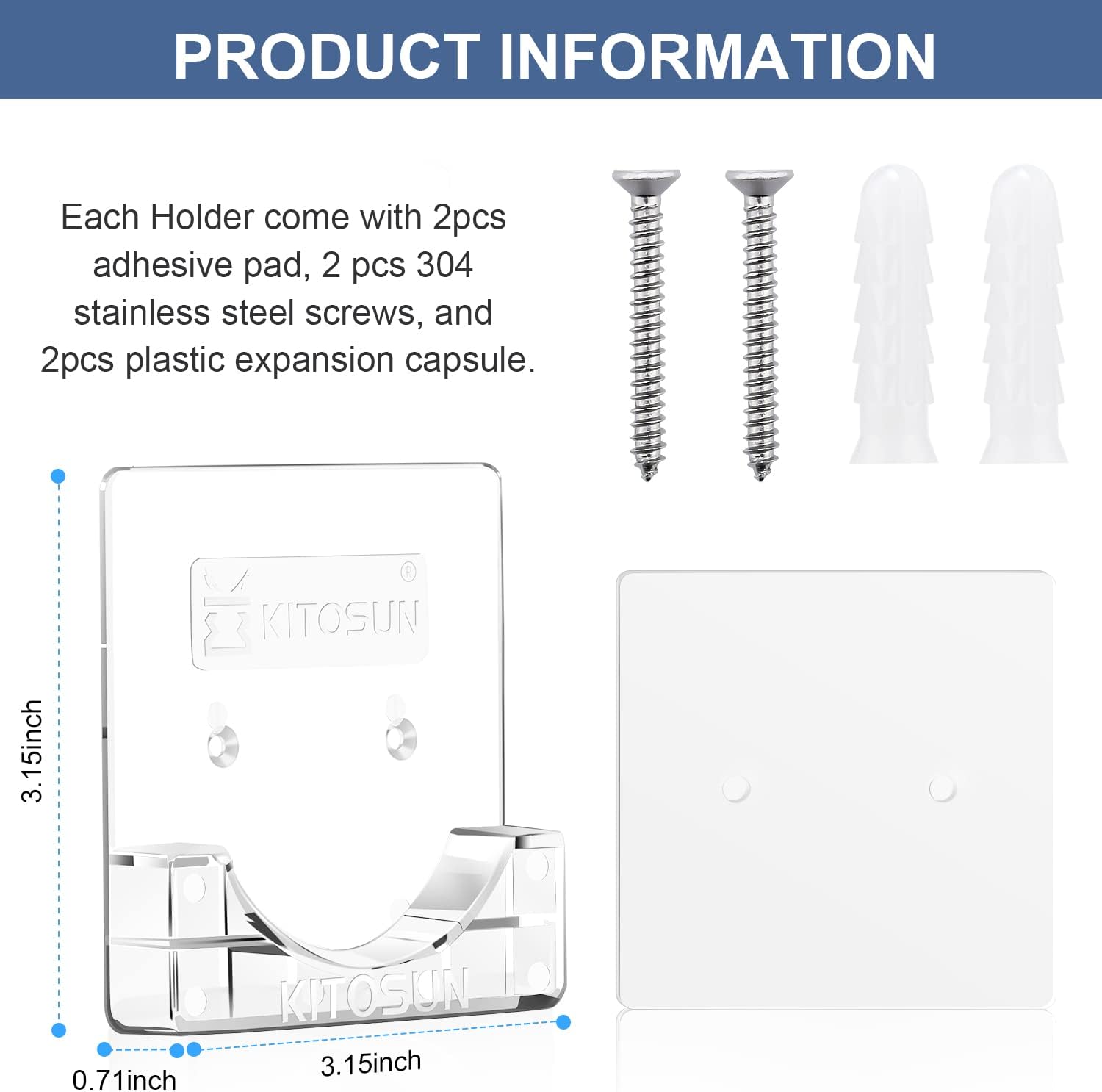 Adhesive Shower Curtain Rod Holder – Kitosun Wall Mount Bathroom Tension Pole Retainer Brackets with Super Sticky Tape for Quick Stick and Stainless Steel Screw for Drilling Install (2Pairs Clear) image 4
