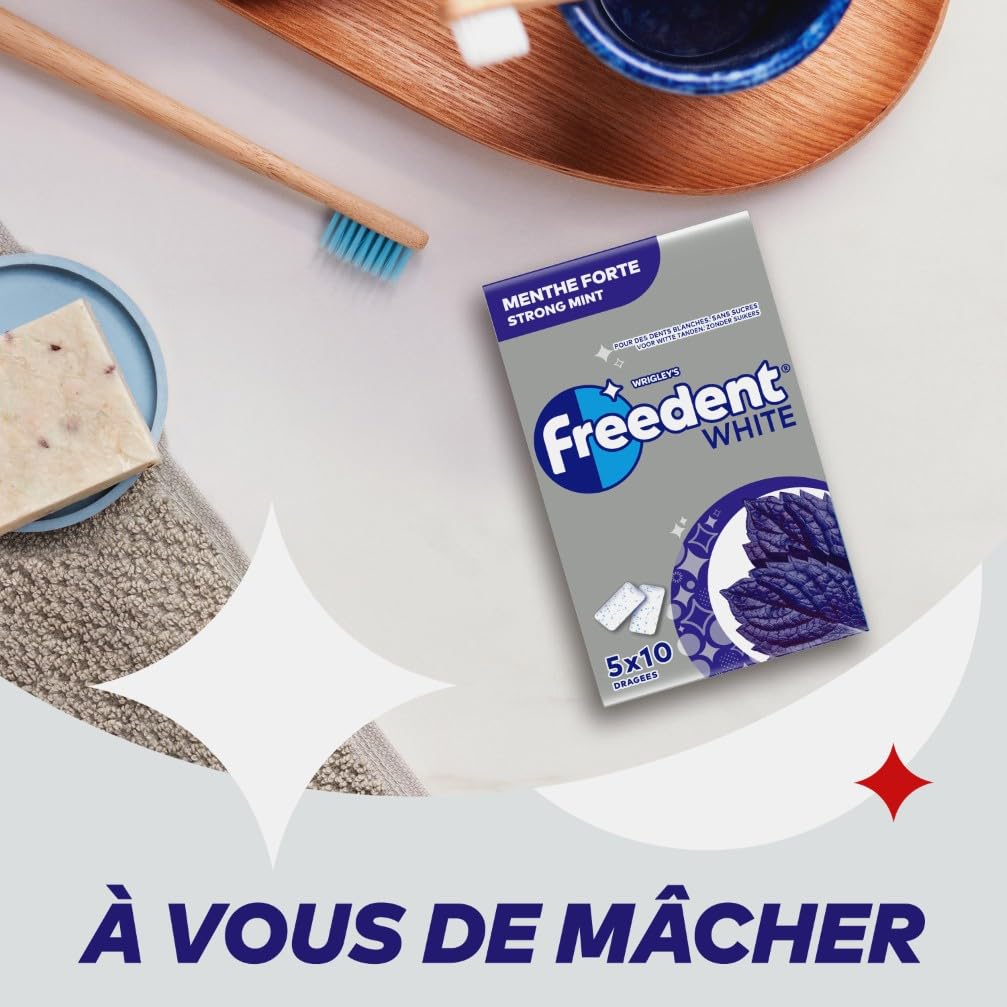 FREEDENT WHITE Chewing Gum Sans Sucre Goût Menthe Forte 5 Paquets 70g