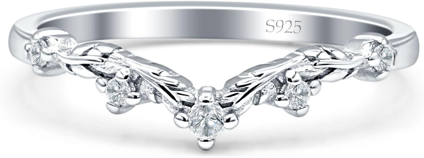 OMRANII Minimalist 4mm Curved Contour Chevron Ring Cubic Zirconia Leaf Design Classic Style Rings Statement Wedding Bands For Women 925 Sterling Silver Gift For Her