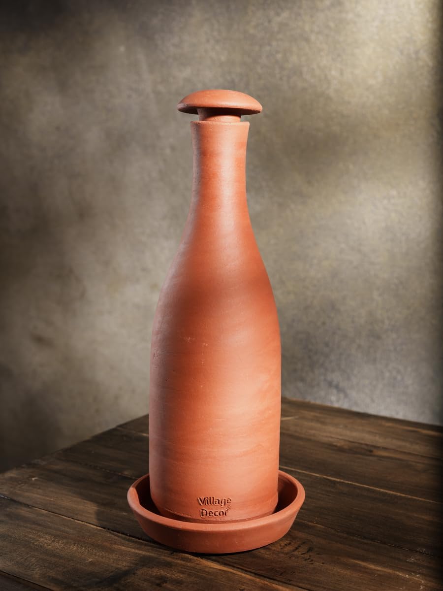 Village Decor Clay Preseasoned Terracotta Water Bottle With Lid And Tray 800 Ml, Brown