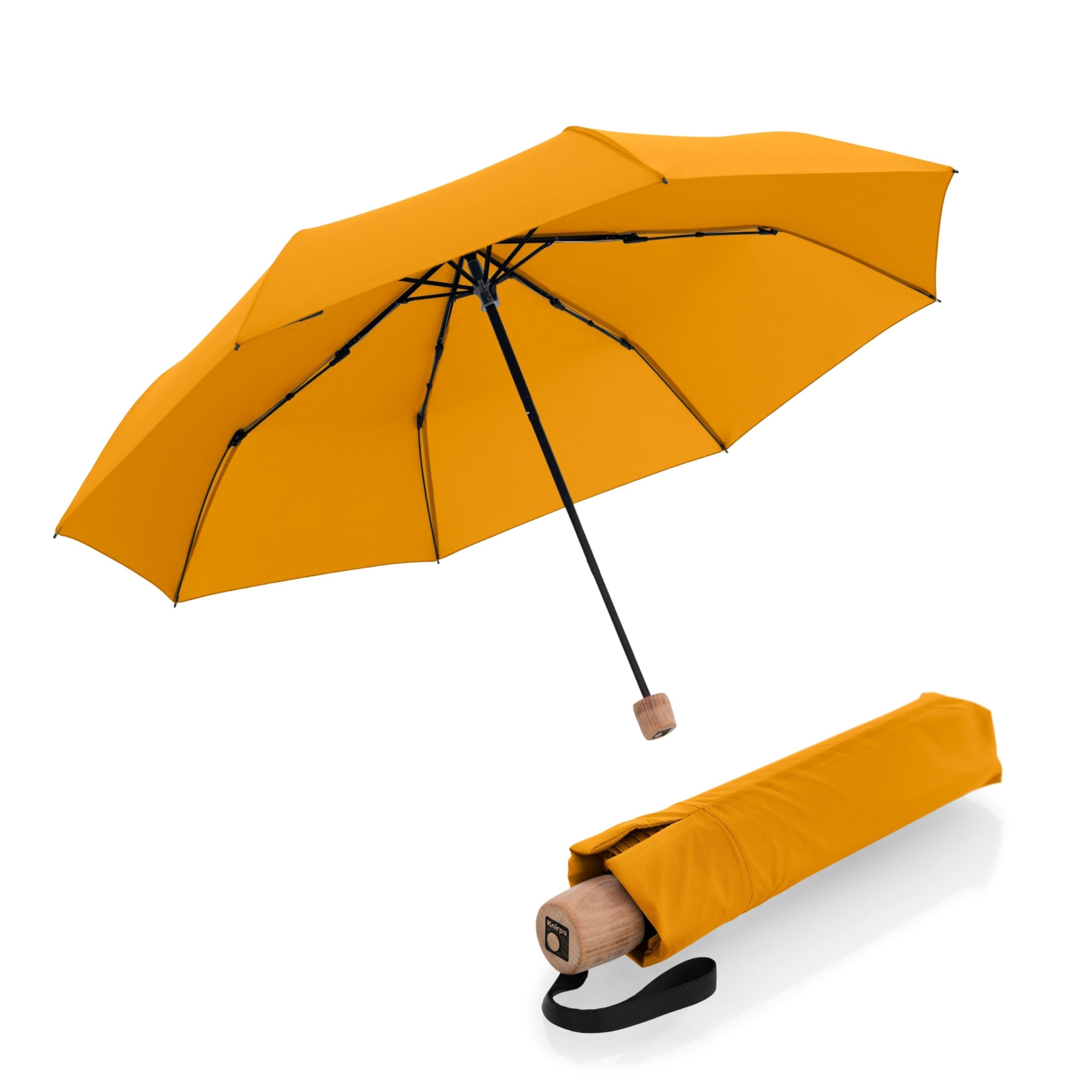 Knirps TIMBER Curcuma Portable Umbrella, 38" Travel Size Small Purse Umbrellas for Rain Wet Weather Gear for Adults, Water Resistant Cover Manual German Beech Wood Handle & Heavy Duty Windproof Frame