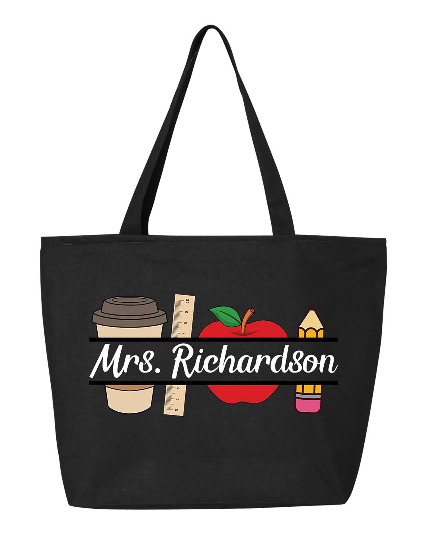 shop4ever Personalized Custom Teacher Name Coffee Apple Heavy Canvas Tote with Zipper Reusable Shopping Bag Customizable Gift