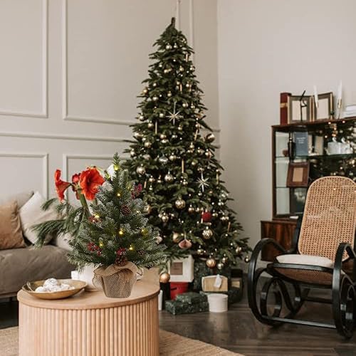 Miniatura 9 de MEETYAMOR Mini árbol de Navidad de 2 pies, 24 pulgadas de polietileno preiluminado pequeño árbol de Navidad artificial de mesa flocado con