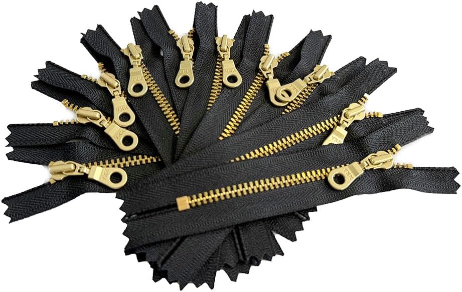 10pcs YKK Golden Brass Doughnut Pull 4.5s-Metal Teeth Zippers Closed-End for Bag and PouchTape Color Black #580 Choose Length - Made in The United States (Black #580, 7" Inches)
