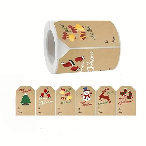 250PCS/Roll Christmas Stickers - 2x3 Kraft Paper, Featuring Tree, Socks,