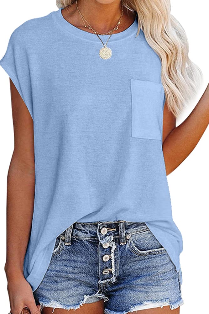 isermeo Womens Summer T Shirts Loose Fit Cap Sleeve Side Split Summer Tops with Pocket S-XXL