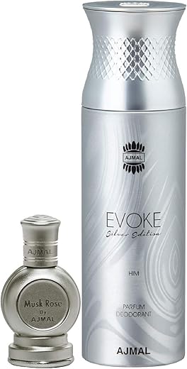 Ajmal Musk Rose Concentrated Perfume Oil Floral Musky Alcohol-free Attar 12ml for Unisex and Evoke Silver Edition Him Deodorant Spicy Floral Fragrance 200ml for Men FREE